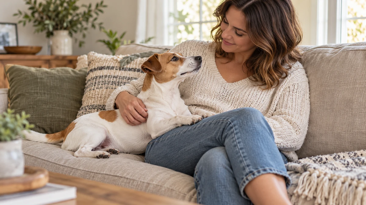 Jack Russell Terrier köpek — sahibinin kucağında